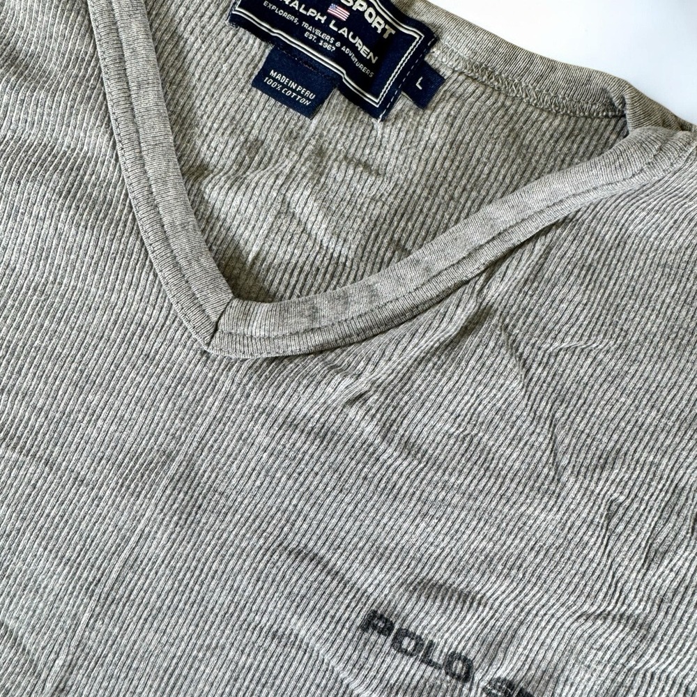 Vintage Polo Sport Ralph Lauren Shirt Large Gray Ribbed V-Neck Spellout 90s Peru